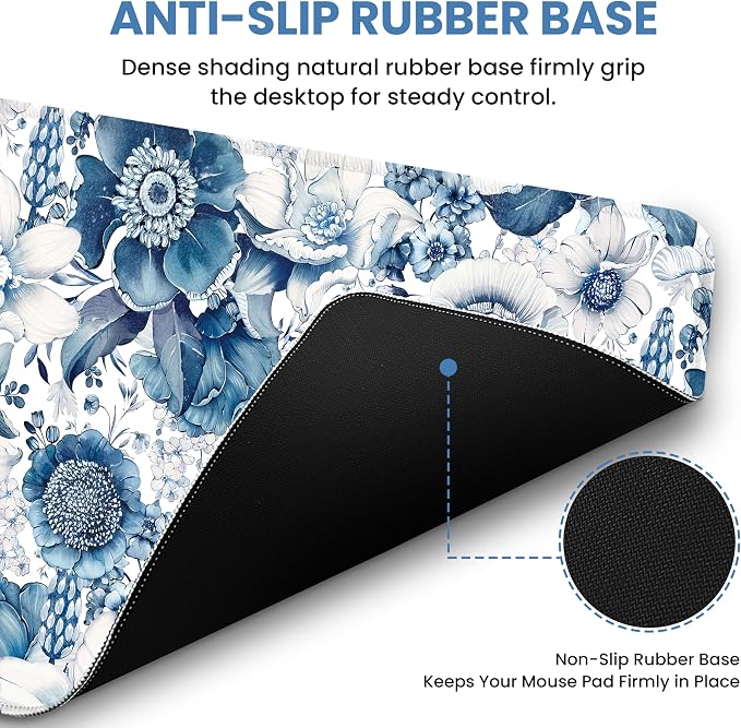 Aesthetic Desk Mat, Cute Blue Floral Desk Pad Protector for Work & Decor, 35.4" x 15.7", Pretty Non-Slip Extended Mouse Pad for Office or Home