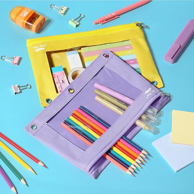 Mr. Pen- Pencil Pouch for 3 Ring Binder, 2 Pack, 10"x6.75", Smooth Zipper | Clear Window, Large Capacity Pencil Case with 3 Reinforced Grommets for School, Office, Supplies Storage | Clear Window, Large Capacity Pencil Case with 3 Reinforced Grommets f...