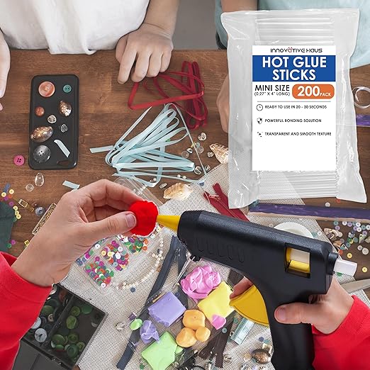 Innovative Haus Mini Hot Glue Sticks (200 Pack) - Fits Mini Glue Guns, 4" x 0.27" - Craft, Bond, Create on Wood, Metal, Glass and More - Transparent, Strong and Quick-Drying