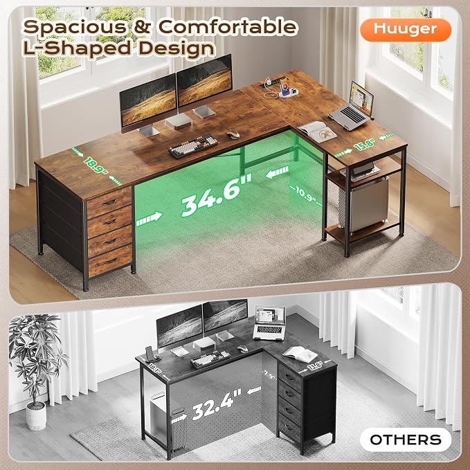 Huuger 63 Inch L Shaped Desk with Fabric Drawers, Computer Office Desk with Power Outlets and USB-C Port, Corner Desk with Storage Shelves, Work Study Home Office, Reversible, Rustic Brown