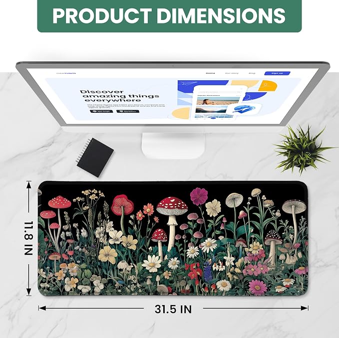 Aesthetic Desk Mat, Cute Woodland Mushroom Desk Pad Protector for Work & Decor, 31.5" x 11.8", Pretty Non-Slip Extended Mouse Pad for Office or Home