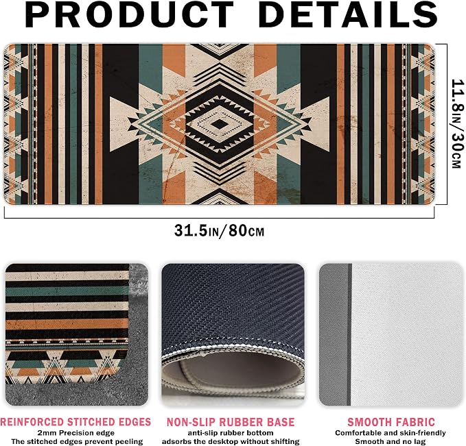 Retro Western Mouse Pad, Western Desk Accessories 31.5x11.8 | Vintage Aztec Rug Desk Mat, Retro Desk Mat for Keyboard And Mouse, Native American Decoration, Cowboys Gift