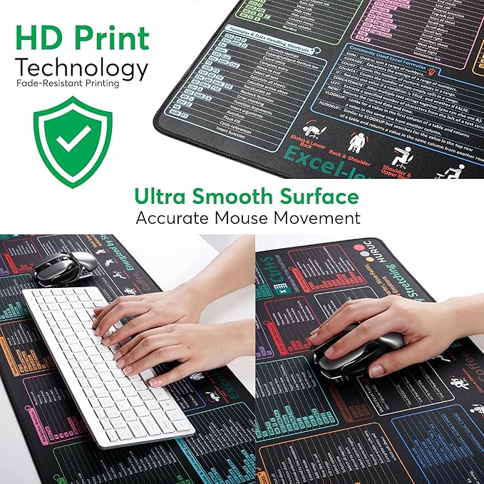 Excel Cheat Sheet Desk Pad – XL Excel Mouse Pad Shortcuts 35.5"x15.7", Waterproof Non-Slip Desk Mat with Shortcut Keys & Formulas, HD Print, Stitched Edges for Work & Gaming