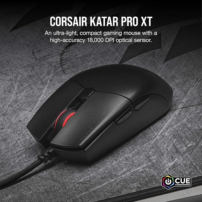 Corsair KATAR PRO XT Wired Ultra-Light FPS Gaming Mouse – 18,000 DPI – Symmetric Shape – Quickstrike Buttons – iCUE Compatible – PC, Mac, PS5, PS4, Xbox – Black