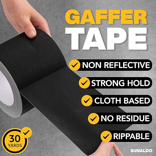Gaffers Tape Heavy Duty, Easy to Rip, Residue-Free Professional Grade Floor Tape for Electrical Cords, Matte Finish Non Reflective, Weather Resistant (1, Black, 4" x 30 Yards)