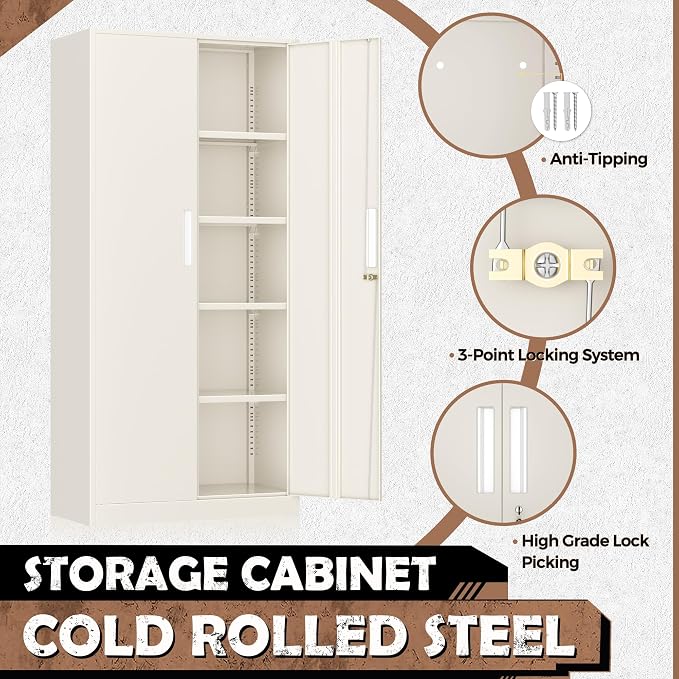 Metal Lockable Storage Cabinet, 72” Storage Cabinet with 2 Doors and 4 Adjustable Shelves for Office, Home, Garage, Pantry (Assembly Required, Gray)