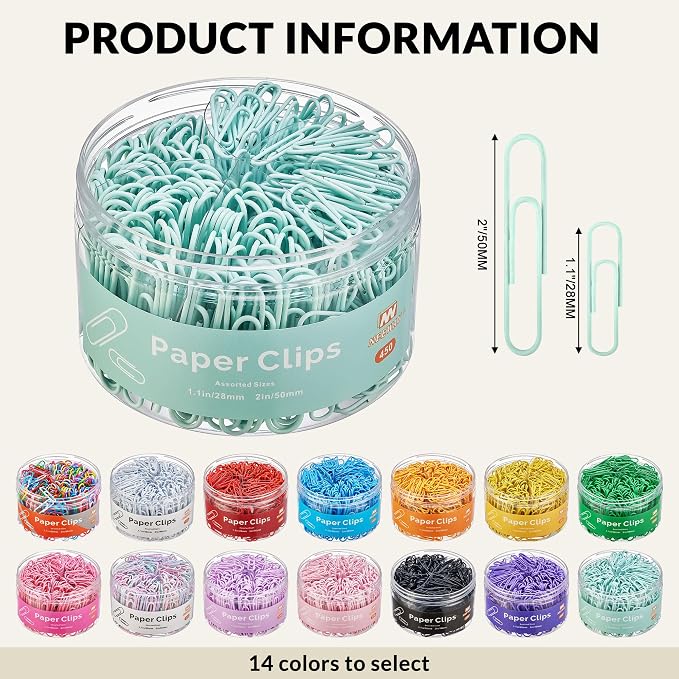 NEEWAY 450pcs Paper Clips Assorted Sizes, Small and Large Paper Clips (1.1 inch, 2 inch), Coated Paperclips for Office School Document Organizing (Light Green)