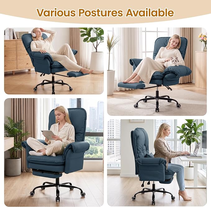 Criss Cross Office Chair with Flip Arms & Footrest, Comfy Desk Chair,Blue | Cross Legged Office Chair, Wide Seat Reclining Desk Chair with Wheels, Vanity Chair with Pocket Spring Seat and Side Pockets