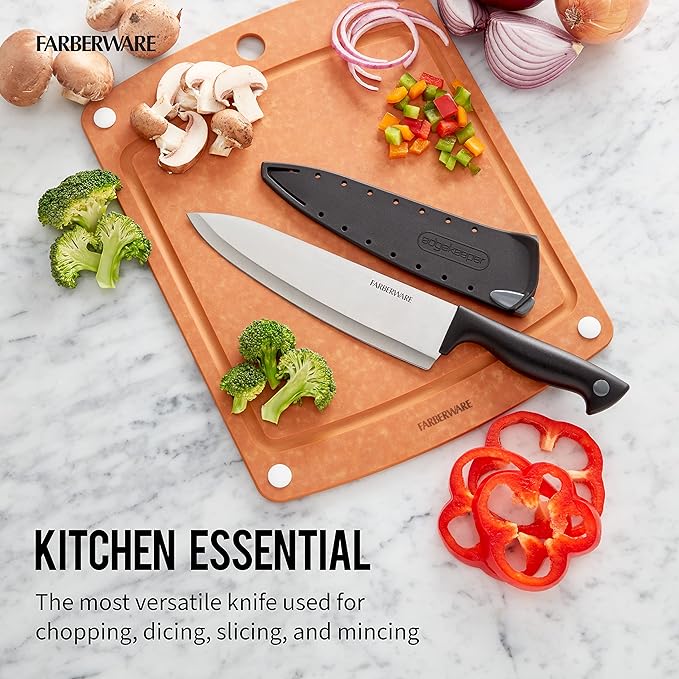 Farberware Edgekeeper 8-Inch Chef Knife with Self-Sharpening Blade Cover, High Carbon-Stainless Steel Kitchen Knife with Ergonomic Handle, Razor-Sharp Knife, Black