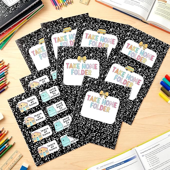 Gueevin 40 Set Student Homework Folder Labels for Composition Notebook Homework Take Home Folder Covers Label with Leave at Home, Send Back to School Sticker Thermal Printed for Office Classroom