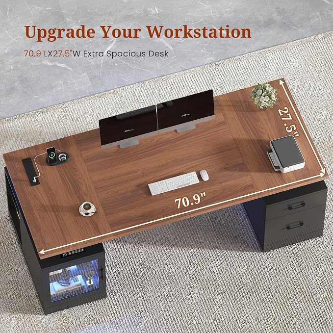 71 in Executive Standing Desk, Electric Height Adjustable Desk with Storage Drawers, Glass Cabinet, Shelves, Power Outlet, LED Light, Wood Sit Stand up Computer Desks for Home Office (Black)