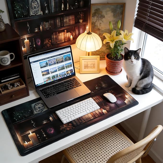 Aesthetic Book Gaming Mouse Pad, Dark Green Mystical Desk Mat with Anti-Slip Base & Stitched Edges, Computer Keyboard & Laptop Pad, 35.4" x 15.7" in in Workstation Accessories
