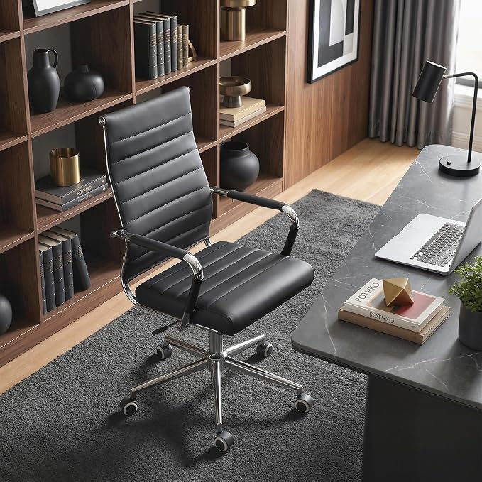 Okeysen Office Desk Chair, Ergonomic Leather Modern Conference Room Chairs, Executive Ribbed Height Adjustable Swivel Rolling Chair for Home Office Set of 1. (Black)