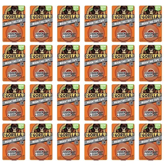 Gorilla Mounting Tape, Tough and Clear, Double-Sided, 1" x 60", Clear - 24 Pack