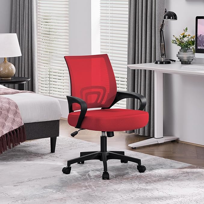Yaheetech Red Modern Ergonomic Office Chair, Mid Back Mesh Task Chair with Lumbar Support, Adjustable Height, Rolling Swivel, 300lb Capacity