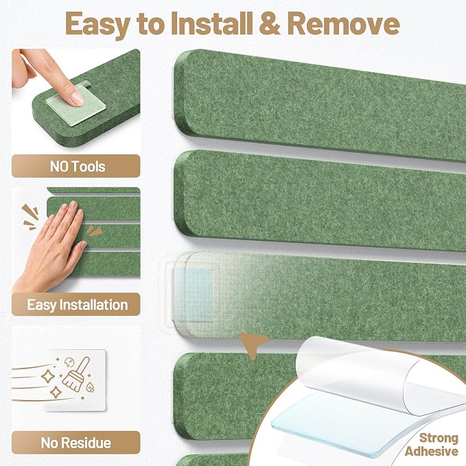 10 Pack 13"x2" Cork Board Strip with Removable Adhesive Squares & Push Pins | Pin Board Alternative Felt Strip Bulletin Board, Felt Board for Photo & Note Display, Home Office Decor - Moss Green