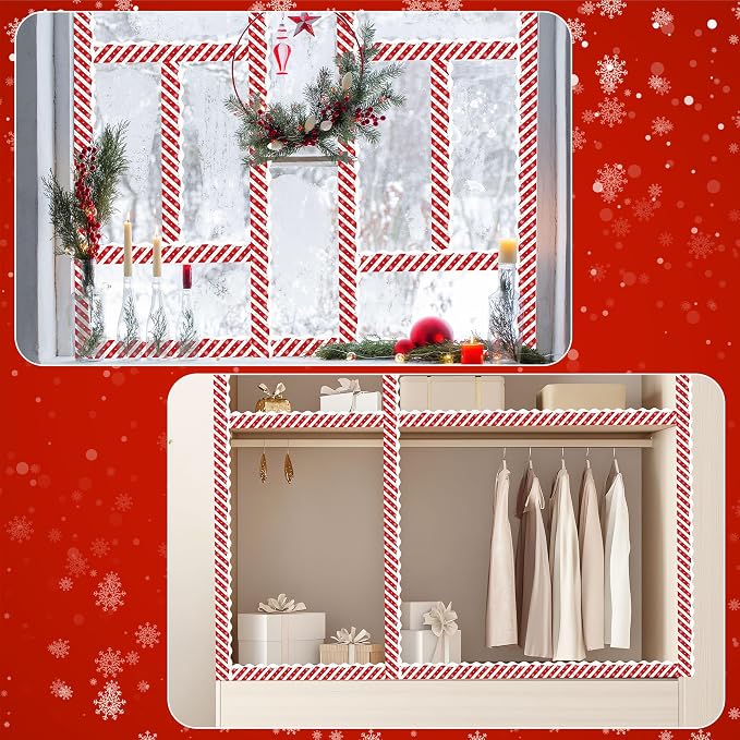 BeYumi Christmas Stripe Border Trim - 65ft Winter Christmas Candy Cane Stripes Snowflake Rolled Border Trim Xmas Red and White Bulletin Board Borders School Classroom Office Chalkboard Party Decor