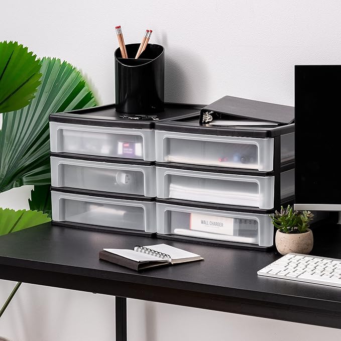 IRIS USA 2-Pack, 3-Drawer Medium Plastic Stacking Desktop Organizer, Black | Keep dorm desks organized with drawers for school supplies, makeup, snacks, chargers and everyday college essentials