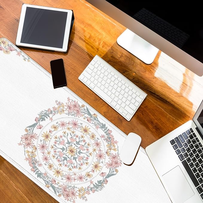 Boho Mouse Pad Mandala Desk Mat, Spring Summer Mouse Pad for Desk Large, Boho Desktop Mats Aesthetic French Countryside Computers Pads for Desk Office Dorm Women 31.5x11.8