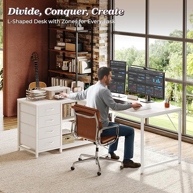 53" L Shaped Desk with Power Outlets & 4 Drawers | Reversible Computer Desk with 2 Storage Shelves, Large Corner Office Desk for Gaming Writing Work Study, White