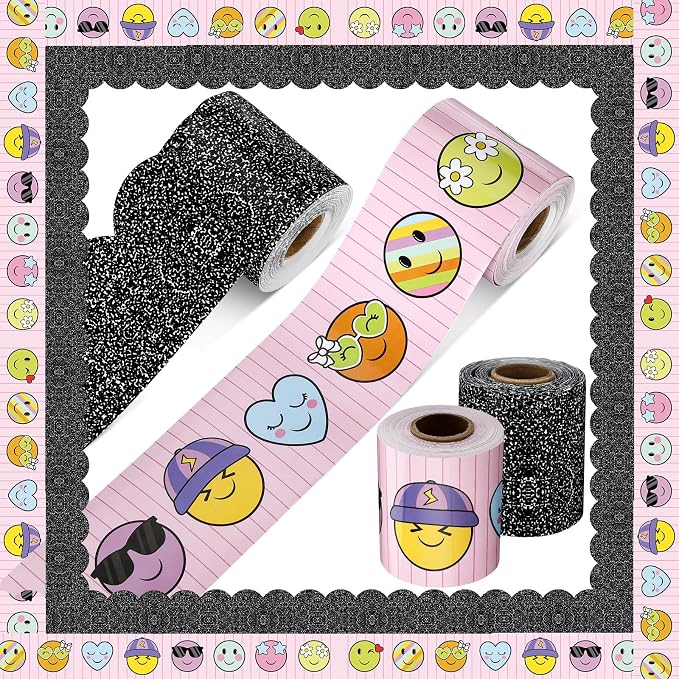 Gilprop 100 ft Back to School Bulletin Board Borders Composition Smile | Happy Face Classroom Decoration, Scalloped Trim, Preschool Kindergarten Office Teacher Suppy, Party Wall Decor