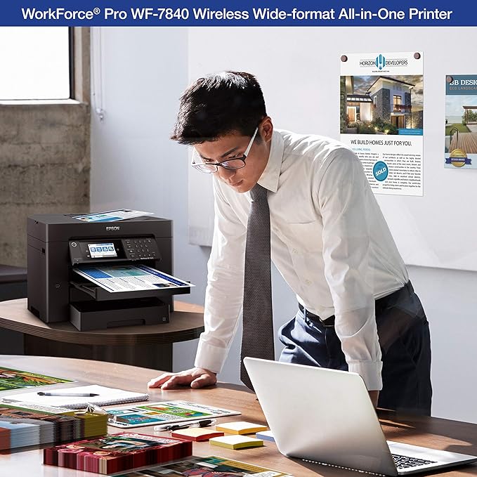 Epson Workforce Pro WF-7840 Wireless All-in-One Wide-Format Printer with Auto 2-Sided Print up to 13" x 19", Copy, Scan and Fax, 50-Page ADF, 500-sheet Paper Capacity, 4.3" Screen,Black