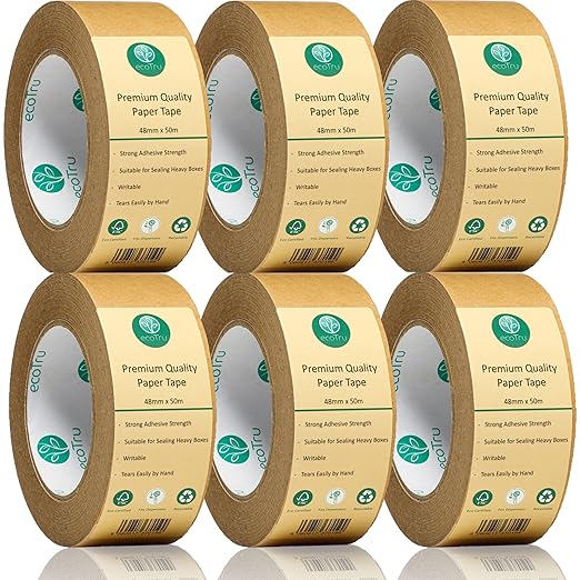Ultra Strong Kraft Paper Packing Tape, 6 Rolls Heavy Duty Bulk Pack, Brown Biodegradable Box Packing Tape for Parcels & Office Use, Fast & Secure Sealing, Packaging & Shipping, 2in x 55Yd