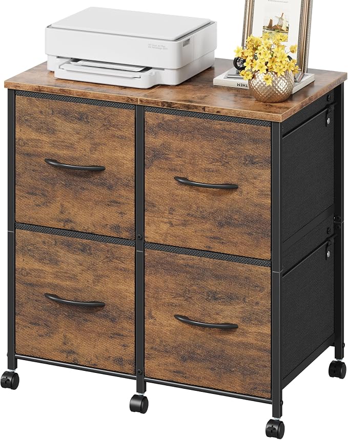 4 Drawer Lateral File Cabinet, Mobile Filing Cabinet Printer Stand | For Large Printer, Sturdy Metal Frame & Wood Top, Holds 50 Lbs, Fits Letter/A4 Size (No Legal), Fabric Drawer, Rustic Brown
