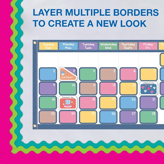 Carson Dellosa Colorful Bulletin Board Border Sets for Classrooms, 3 Pack | Lime Green, Pink, Teal Bright Classroom Décor, Teacher Supply, School, Office Cork or Whiteboard, Wall, Locker