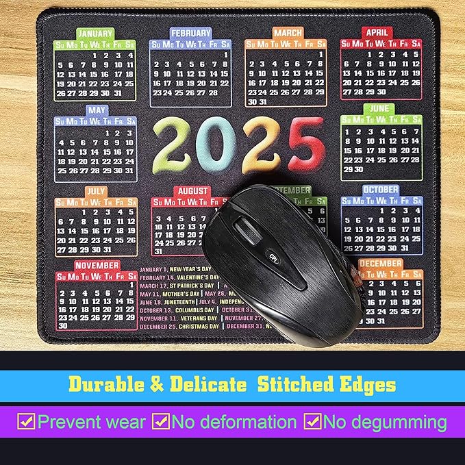 Mouse Pad with Stitched Edge, Computer Mouse Pad with Non-Slip Rubber Base, Mouse Pads for Computers Laptop Mouse 9.6x7.9x0.1 inch, (2025 Calendar Black)