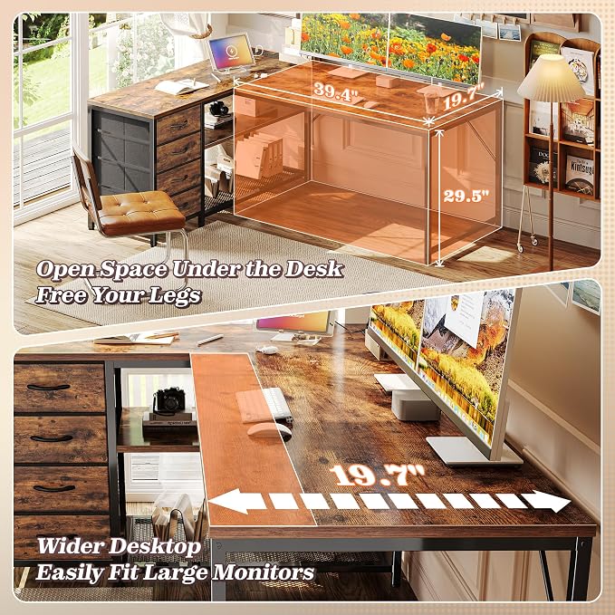 53" L Shaped Desk with Power Outlets & 4 Drawers | Reversible Computer Desk with 2 Storage Shelves, Large Corner Office Desk for Gaming Writing Work Study, Rustic Brown
