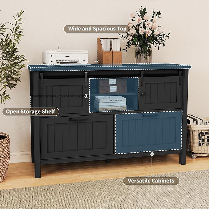 Farmhouse File Cabinet for Legal/ A4 /Letter Size, Black | Filling Cabinet Printer Stand with Outlets & USB Ports for Home Office, Remote Work, Entryway, Sliding Doors & 2 Drawers