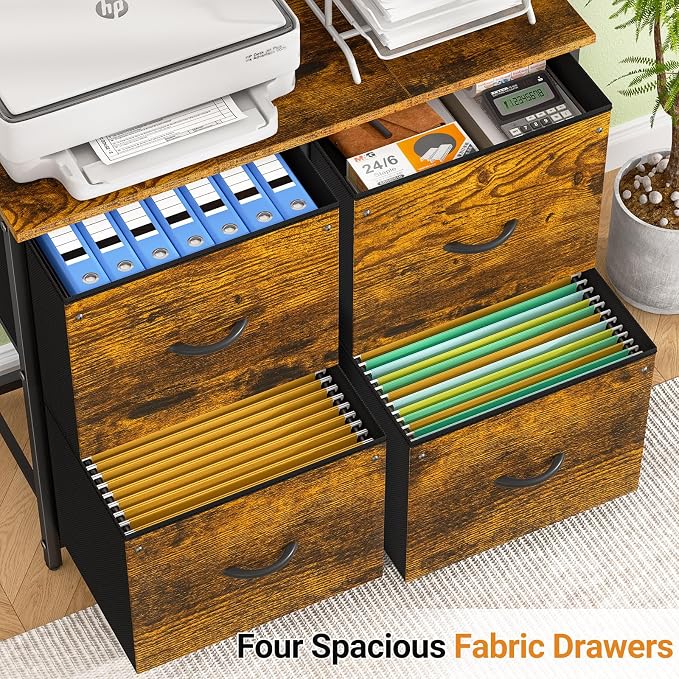 ThreeHio 4 Drawer File Cabinet, Lateral Filing Cabinets for Home Office, Large Printer Stand with Open Storage Shelf, Office Storage File Organizer Fit Hanging Letter/A4 Size Folders, Rustic Brown