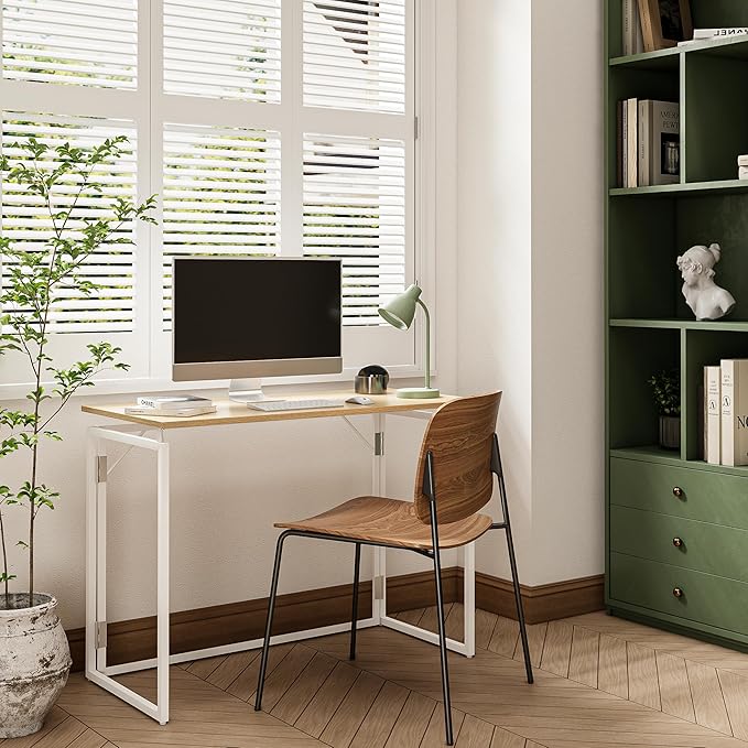Folding Desk - 39.4” Wood Top Foldable Desk for Small Spaces | No Assembly Required Compact Desk for Home Office, Writing, and Study