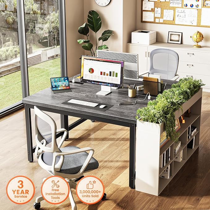 Huuger 48 x 24 inch Desk with Power Outlets & USB-C, Deeper & Thicker Desktop, Robust Metal Tubes, Computer Desk, Heavy Duty Office Desk, Work Gaming Desk for Home Office, Grey