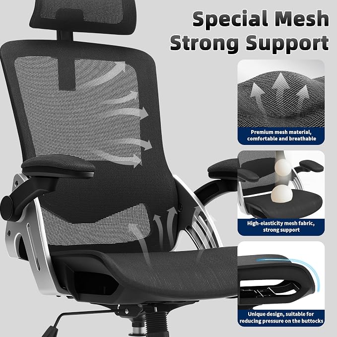 Fizzin Office Chair Mesh Desk Chair with 3D Armrests Computer Chair | Ergonomic Office Chair with Adjustable Lumbar Support and Headrest 125° Tilt and Wide Mesh Cushion High Back Home Desk Chair