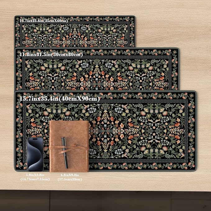 iCasso Floral Desk Mat,Mouse Pad for Office Decor,35.4x15.7in,Black | Back to School Desk Pad Mat, Anti-Slip Big Mousepad with Stitched Edges for Computer Desktop,Smooth Water-Resistant