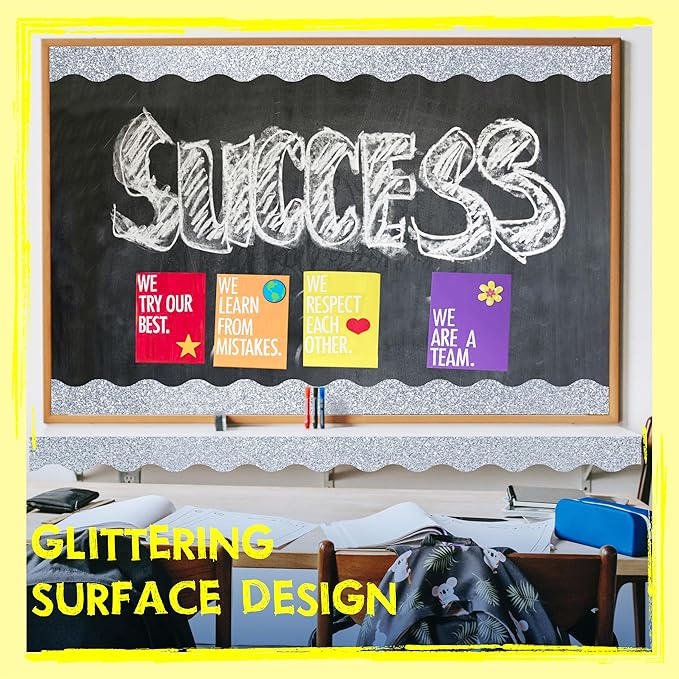 60 Feet Bulletin Board Borders, 45 Sheets Silvery Glittering Scalloped Border Trim, Walls, Desks, Windows, Doors, Chalkboards, Whiteboards Decors for School, Classroom, Home & Offices