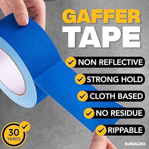 Gaffers Tape Heavy Duty, Easy to Rip, Residue-Free Professional Grade Floor Tape for Electrical Cords, Matte Finish Non Reflective, Weather Resistant (1, Blue, 2" x 30 Yards)
