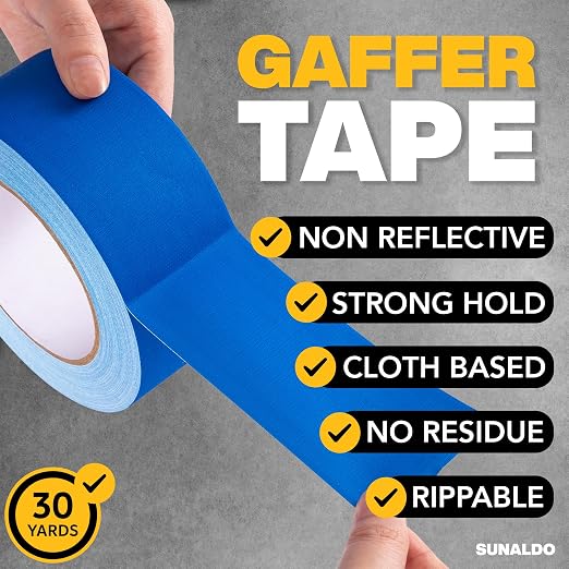 Gaffers Tape (2" x30 Yards) Heavy Duty, Easy Rip, No Residue | Blue | Professional Grade Floor Tape for Electrical Cords, Matte Finish Non Reflective, Weather Resistant