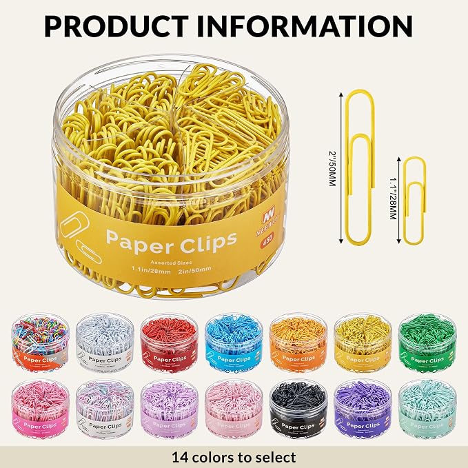 NEEWAY 450pcs Paper Clips Assorted Sizes, Small and Large Paper Clips (1.1 inch, 2 inch), Coated Paperclips for Office School Document Organizing (Yellow)