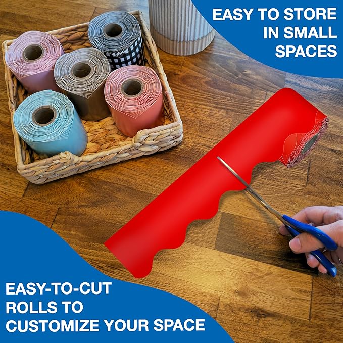 Carson Dellosa Education 65Ft of Red Bulletin Board Borders, 1 Roll of Scalloped Trim for Rolling Whiteboard, Cork and Posterboard, Valentines Day, Christmas Decorations, Party, and Classroom Decor