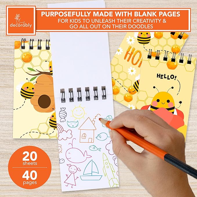 Decorably 24 Pack Spiral Bumble Bee Party Favors for Kids - 12 Colorful Designs 2.4x4in Mini Notepads, Spring-Bound with 20 Sheets - Gifts for Birthday, Baby Shower, Children's Party, School