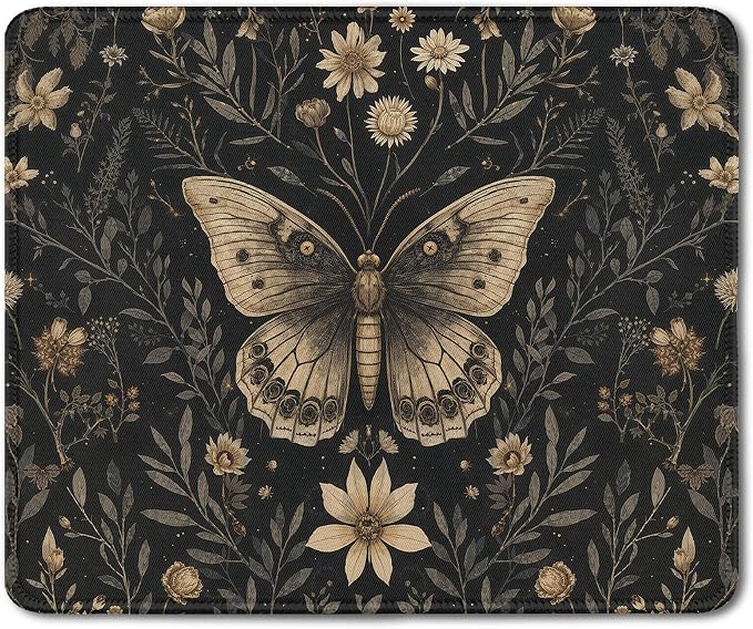 Moody Floral Gothic Butterfly Mouse Pad, Dark Academia Cottagecore Botanical Moth Mouse Pads Mousepad for Home Office Dorm Computers Laptop, Gothic Office Supplies Desk Accessories, 9.5x7.9 Inch