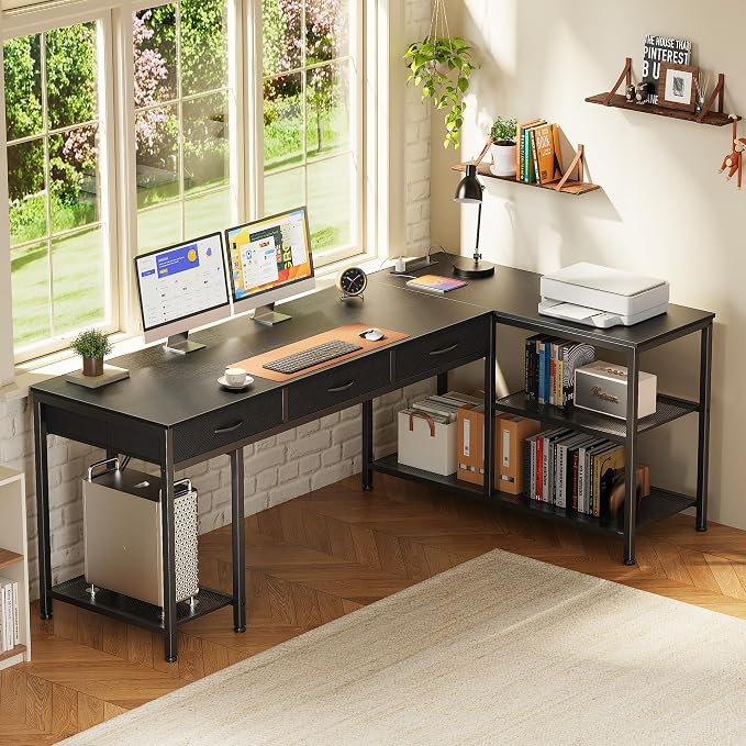 63 Inch L Shaped Office Desk with Power Outlets and Type-C Port, Large Computer Gaming Desk with 3 Fabric Drawers, Mesh Shelves, Corner Study Work Writing Desk, Black