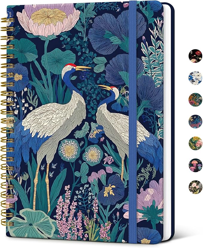 Taja Spiral Journal Notebook for Women, Pretty Hardcover Lined Notebook for Work & Note Taking, Aesthetic Cute Journal for Writing, 140 Pages, 5.8"x8.3", Midnight Cranes