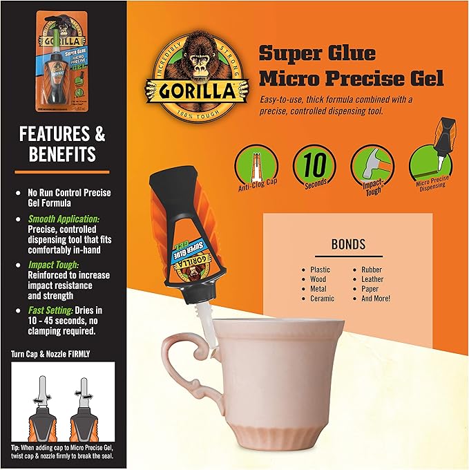 Gorilla Micro Precise Super Glue Gel, 6 Gram, Clear, (Pack of 6)