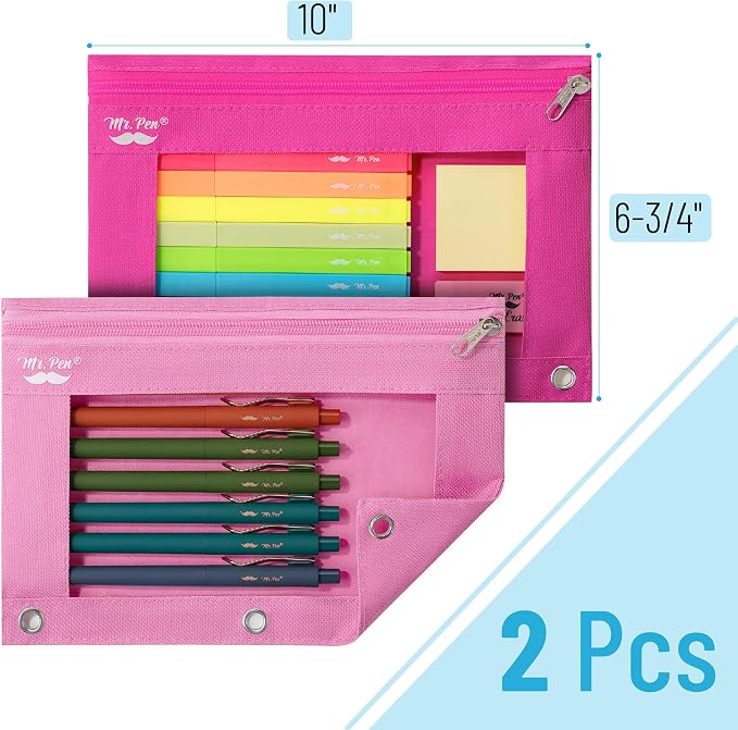 Mr. Pen- Pencil Pouch for 3 Ring Binder, 2 Pack, 10"x6.75", Smooth Zipper | Clear Window, Large Capacity Pencil Case with 3 Reinforced Grommets for School, Office, Supplies Storage