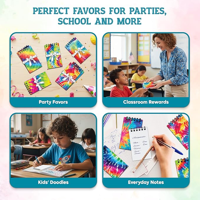Decorably 24 Pack Spiral Tie Dye Party Favors for Kids 8-12 - 12 Colorful Designs 2.4x4in Small Notebook, Spring-Bound with 20 Sheets - Gifts for Birthday, Baby Shower, Children's Party, School
