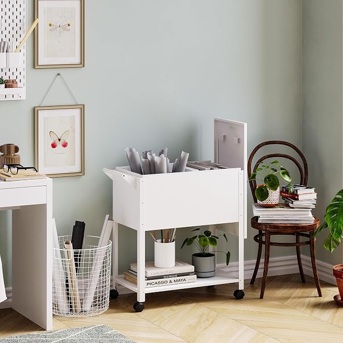 MIIIKO Mobile File Cart with Lock, Rolling File Cabinet Hanging Letter/Legal File Folders with Lockable Sliding Cover, White File Organizer on Wheels